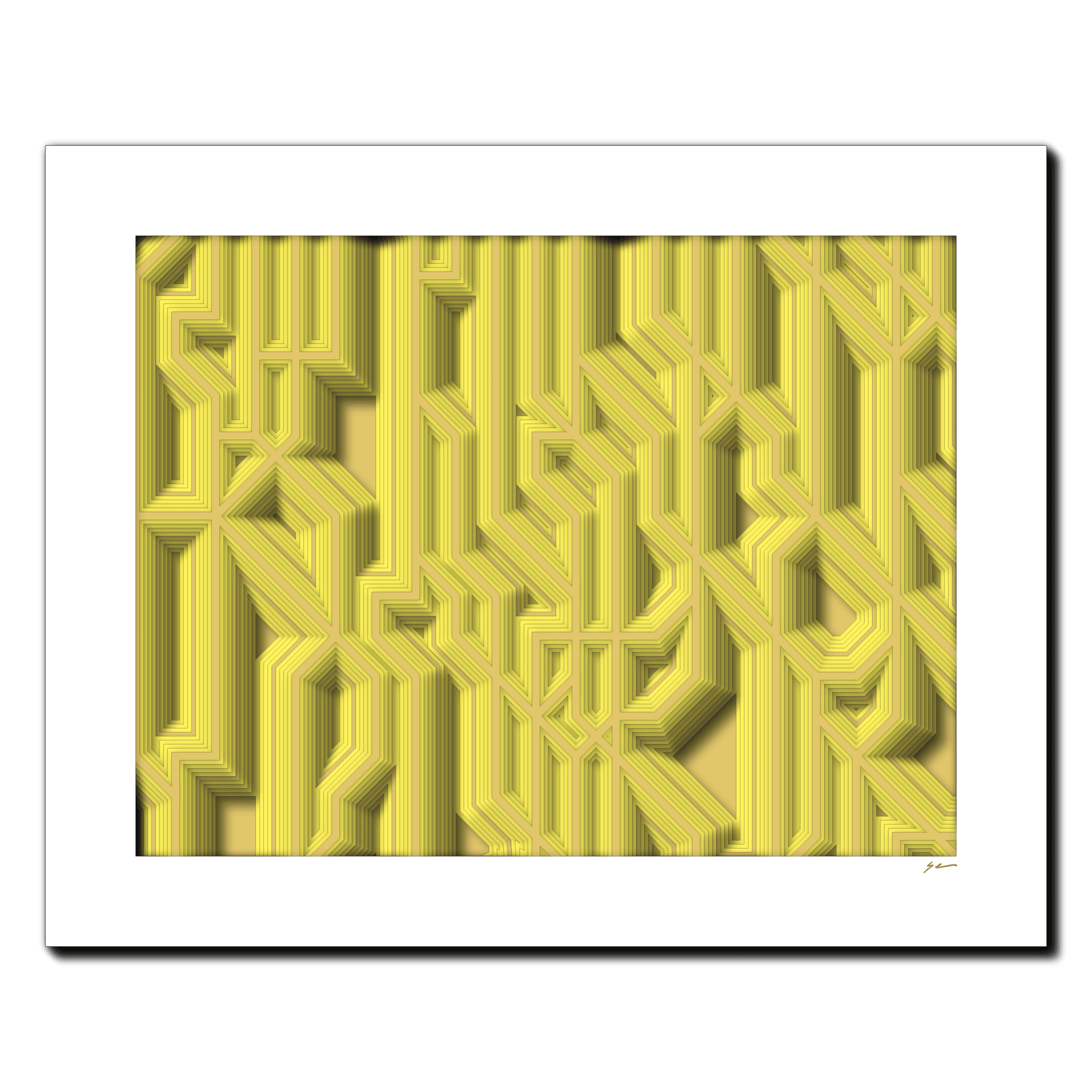 Canary Circuitry, laser-cut layered paper wall sculpture by Shawn Kemp, 20x16 in