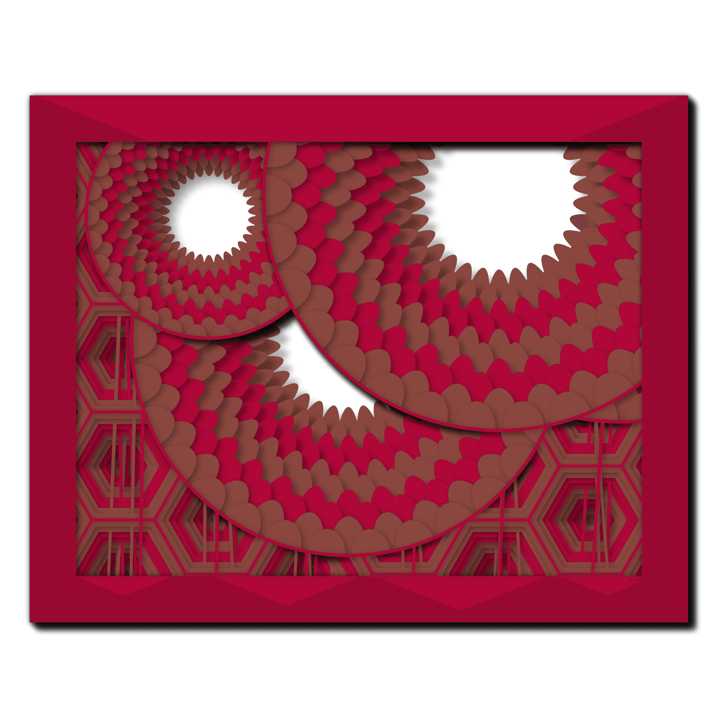 Cardinal Dahlia Waves, laser-cut layered paper wall sculpture by Shawn Kemp, 30x24 in