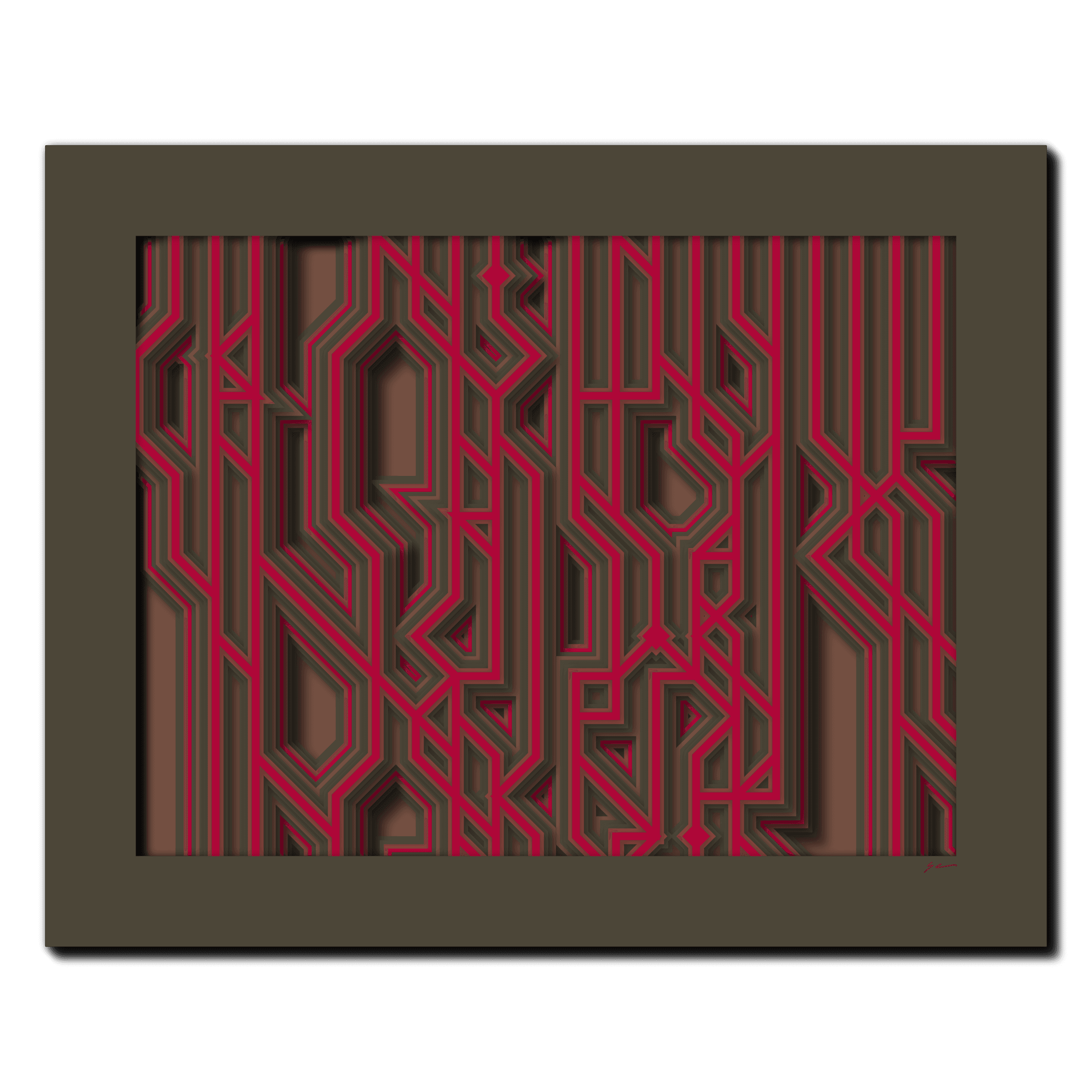 Crimson Mocha Maze, laser-cut layered paper wall sculpture by Shawn Kemp, 20x16 in