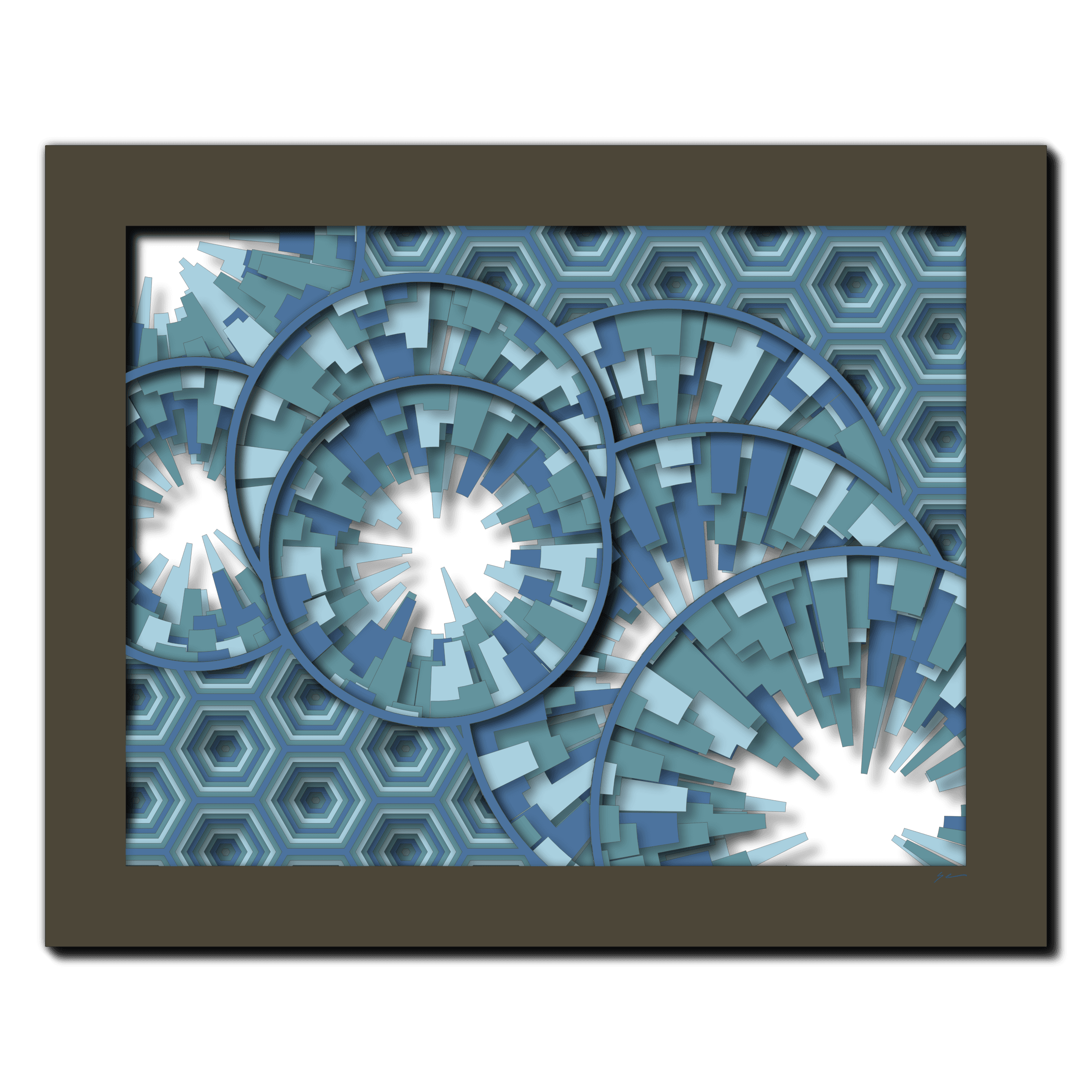 Cyan Spiral Confluence, laser-cut layered paper wall sculpture by Shawn Kemp, 20x16 in