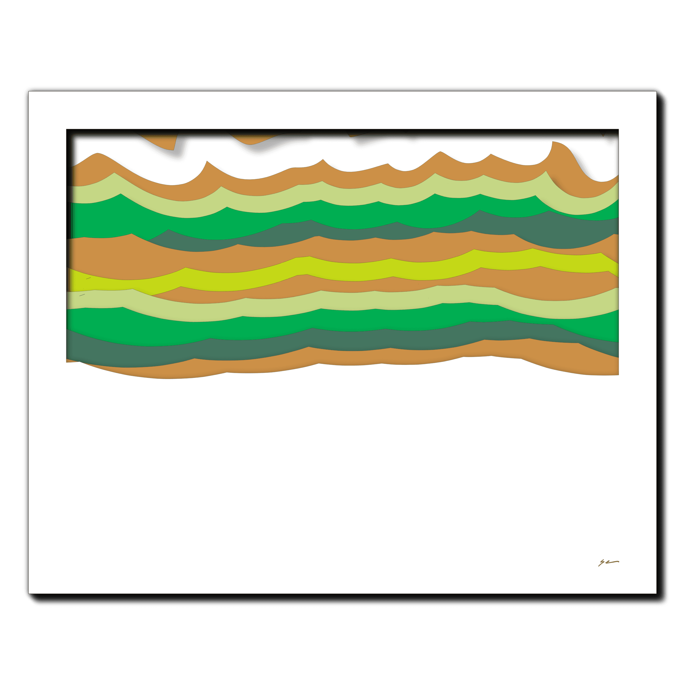 Verdant Waveforms, laser-cut layered paper wall sculpture by Shawn Kemp, 20x16 in