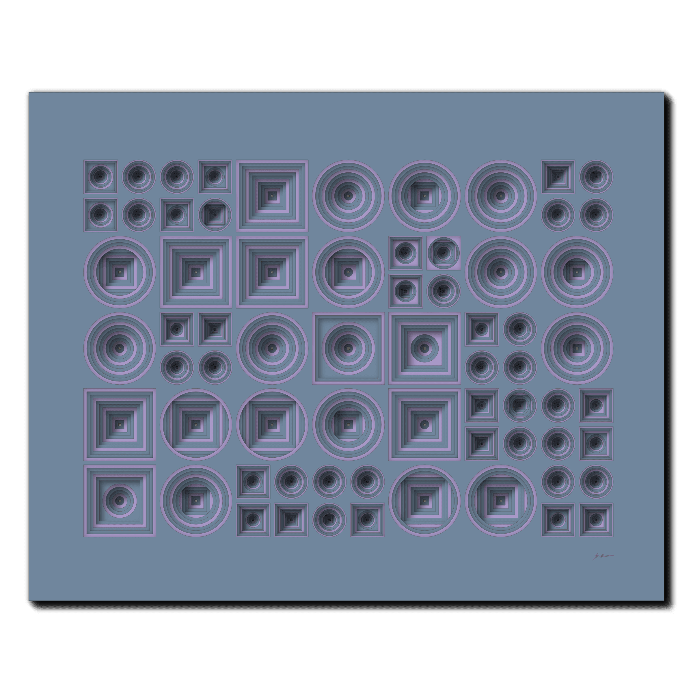 Lavender Echo Grid, laser-cut layered paper wall sculpture by Shawn Kemp, 20x16 in