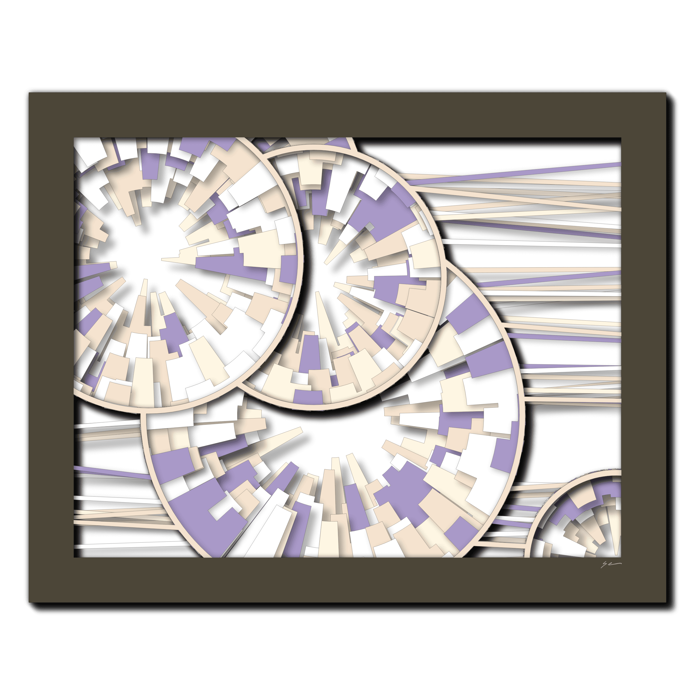 Spherical Lavender Cascade, laser-cut layered paper wall sculpture by Shawn Kemp, 20x16 in