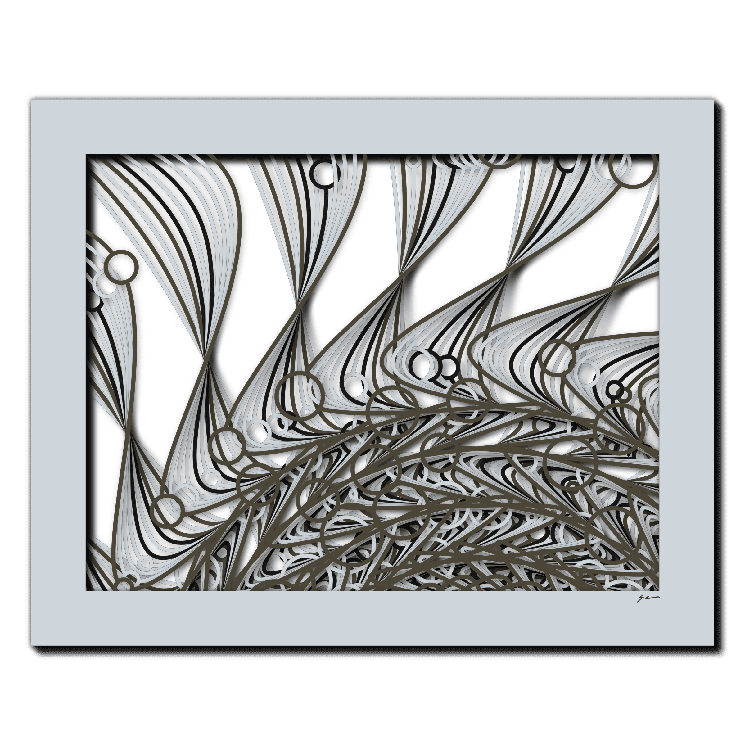 Mocha Whirl Echoes, laser-cut layered paper wall sculpture by Shawn Kemp, 20x16 in