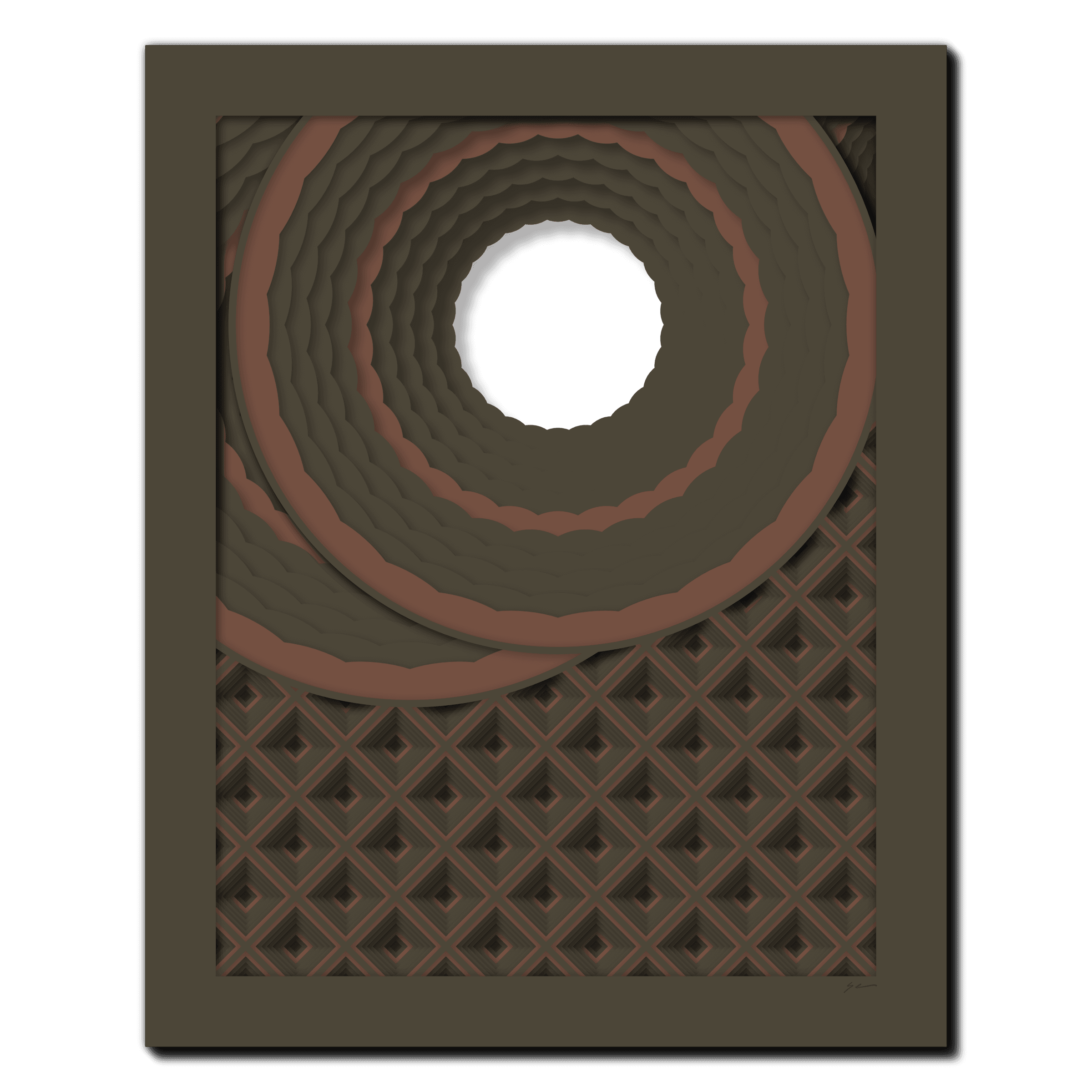Mocha Orb Ascent, laser-cut layered paper wall sculpture by Shawn Kemp, 16x20 in