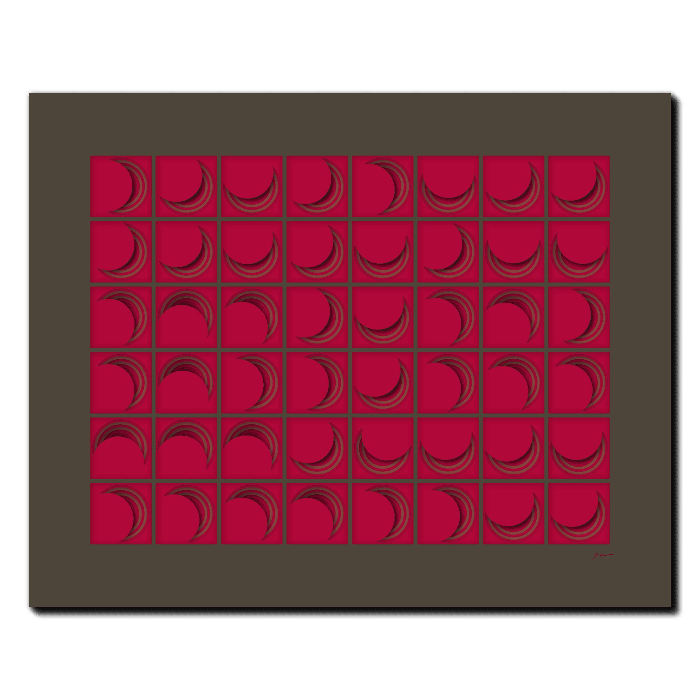 Crimson Mirror Mosaic, laser-cut layered paper wall sculpture by Shawn Kemp, 20x16 in