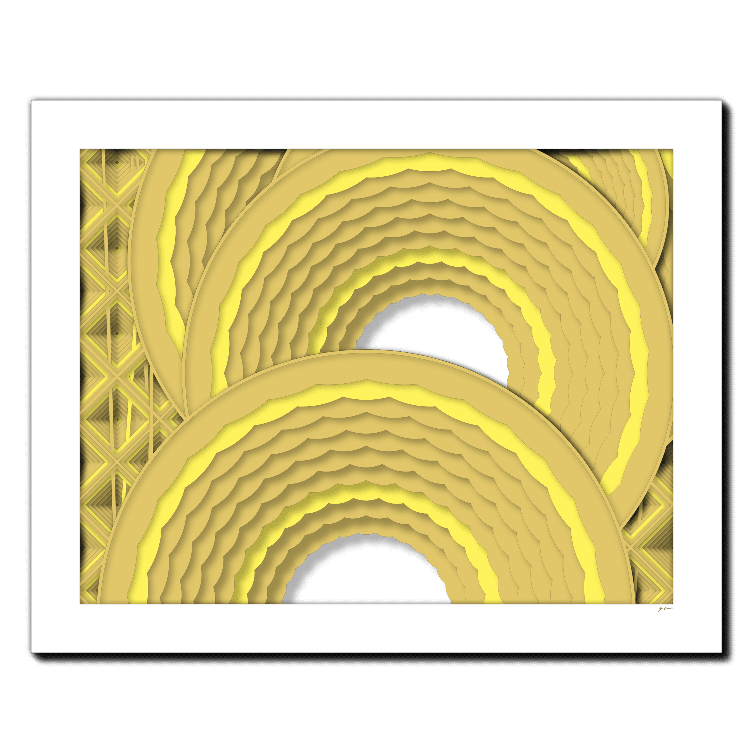 Buttercup Vortex, laser-cut layered paper wall sculpture by Shawn Kemp, 30x24 in
