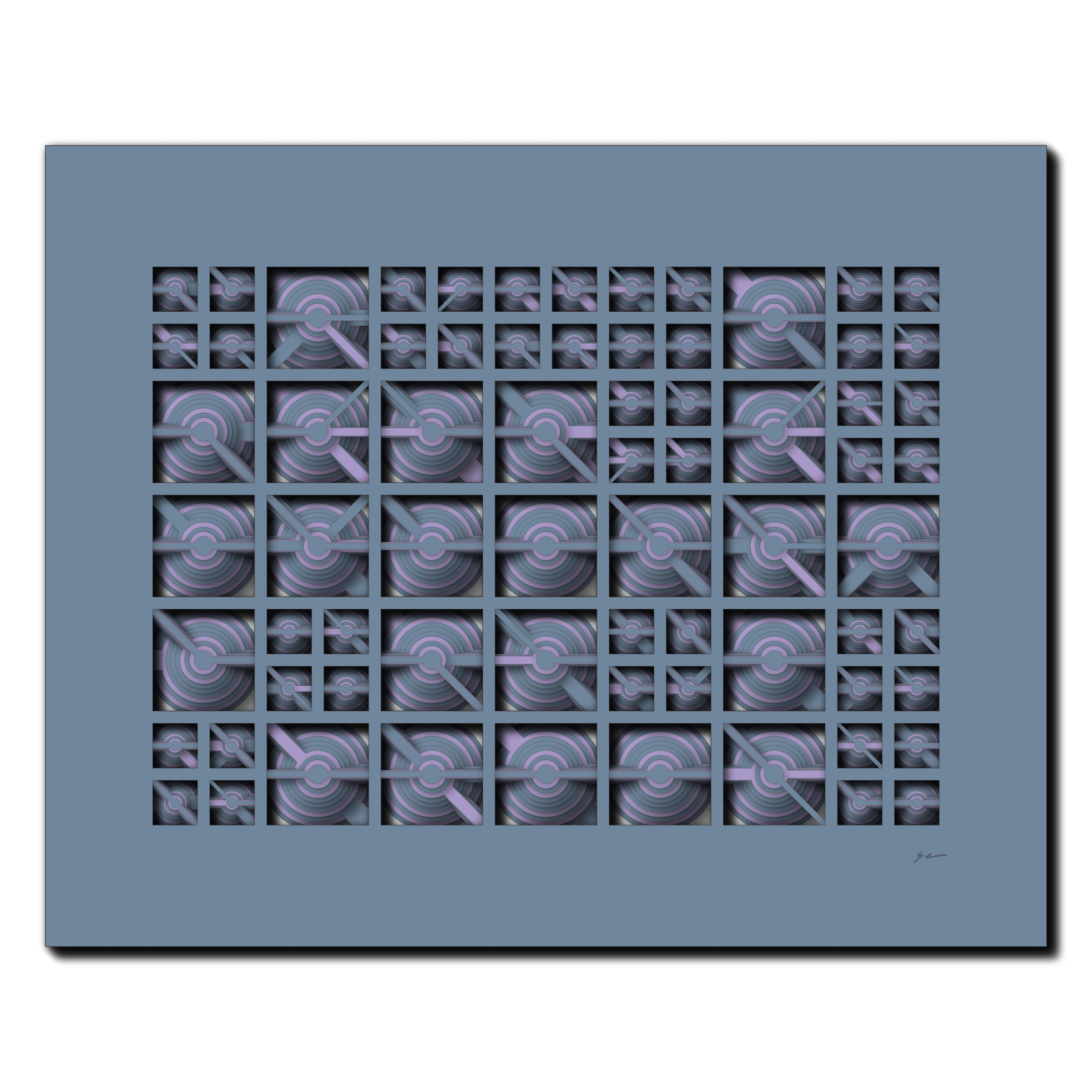 Lavender Perception Grid, laser-cut layered paper wall sculpture by Shawn Kemp, 20x16 in