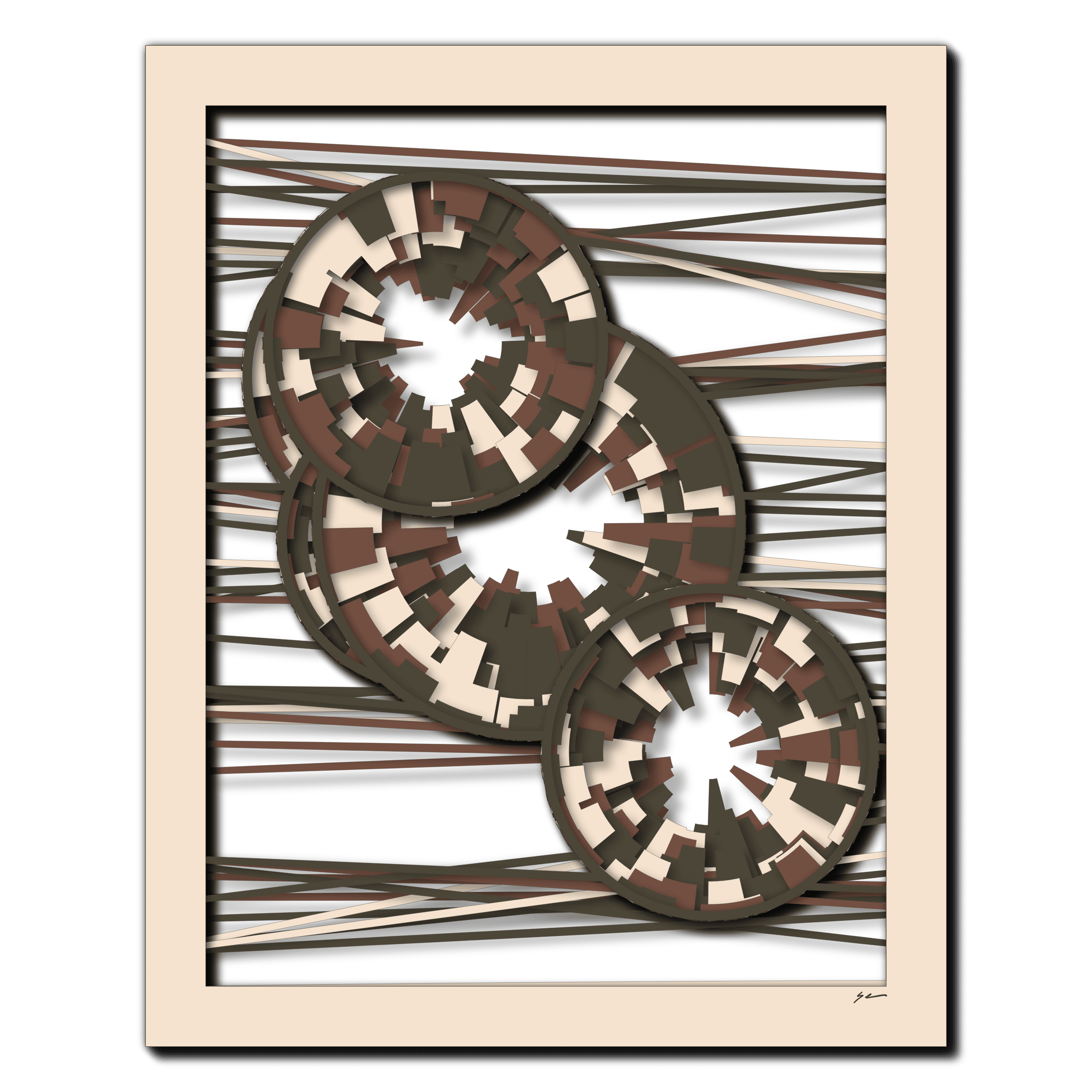 Mocha Ember Convergence, laser-cut layered paper wall sculpture by Shawn Kemp, 16x20 in